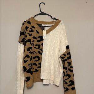 Jane animal Leopard Print V-Neck Sweater - White and Brown